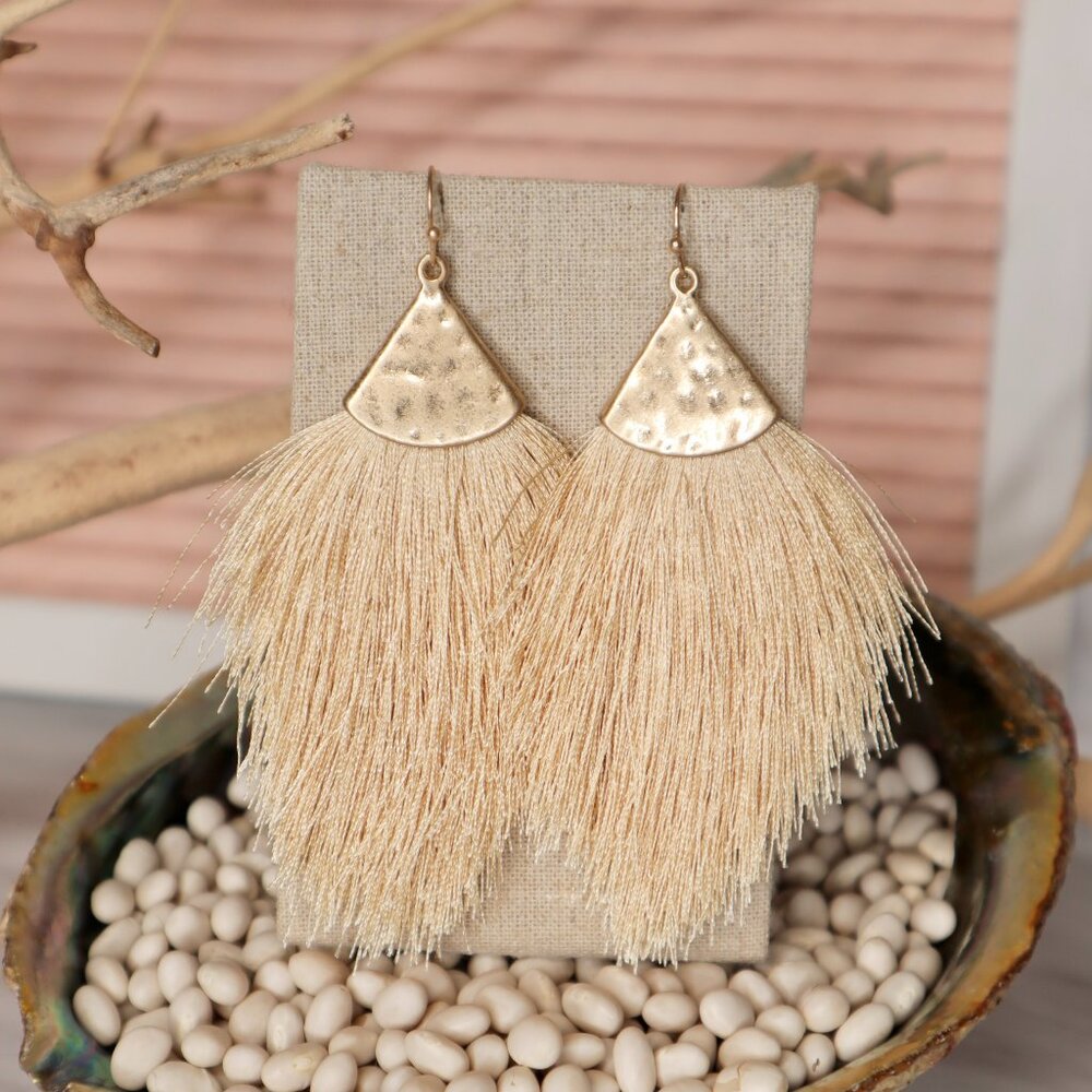 Gold Medallion Tan Tassel Earrings